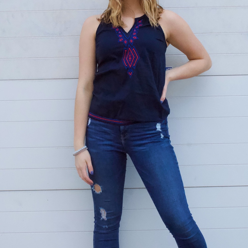navy with red and blue embroidery tank top
